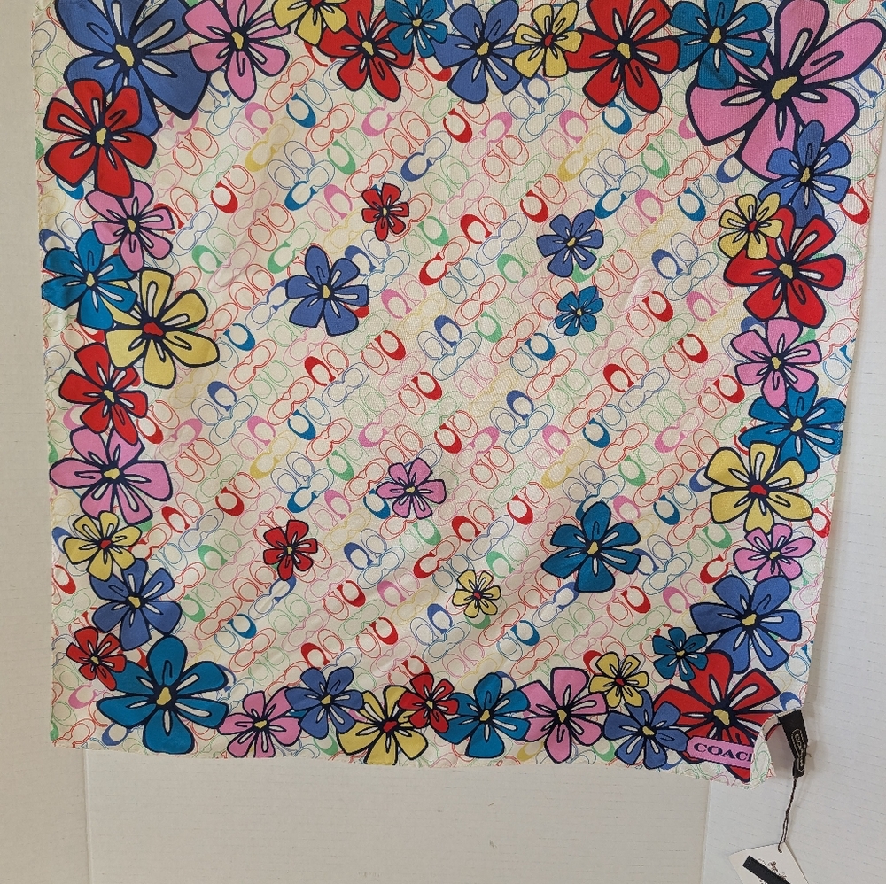 Coach Multicolor Floral Silk Scarf with Bold Blue & Red Blooms NWT - Picture 4 of 4